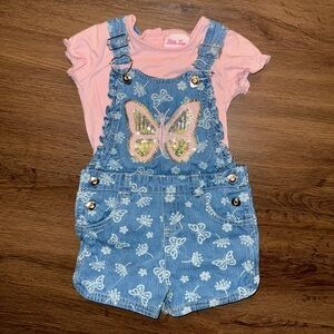Little Lass Sequin Butterfly Appliqué Denim Romper Set (2T)